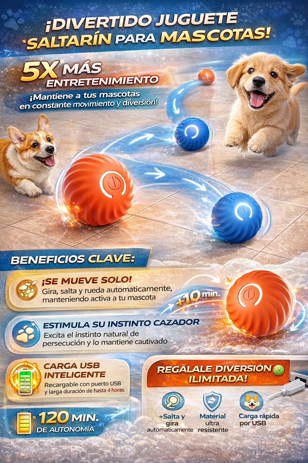 Pelota Inteligente Saltarina para Mascotas - Haz que tu mascota juegue mientras descansas o trabajas